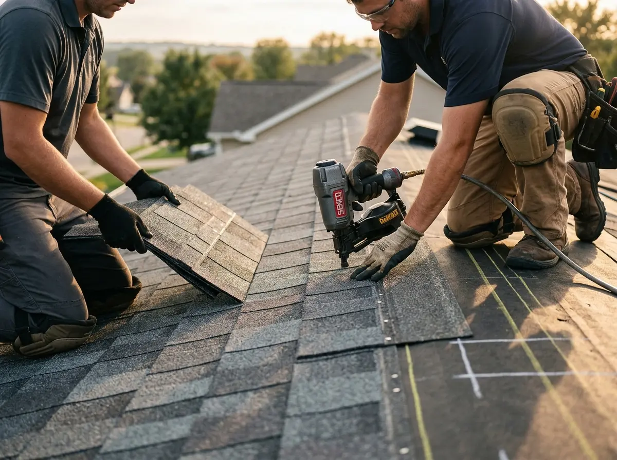 Professional roofer working on a residential roof in Latrobe